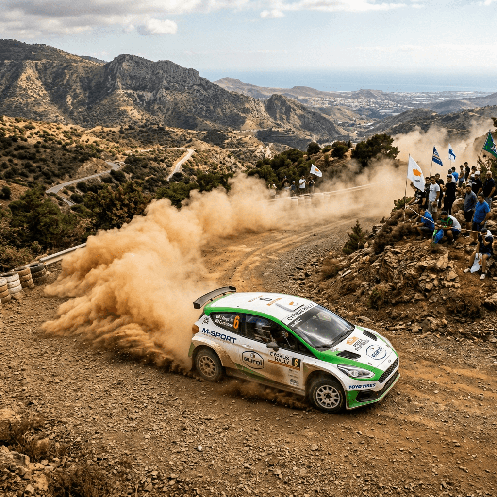 Rally car drifting on a dusty mountain road corner with spectators and flags
