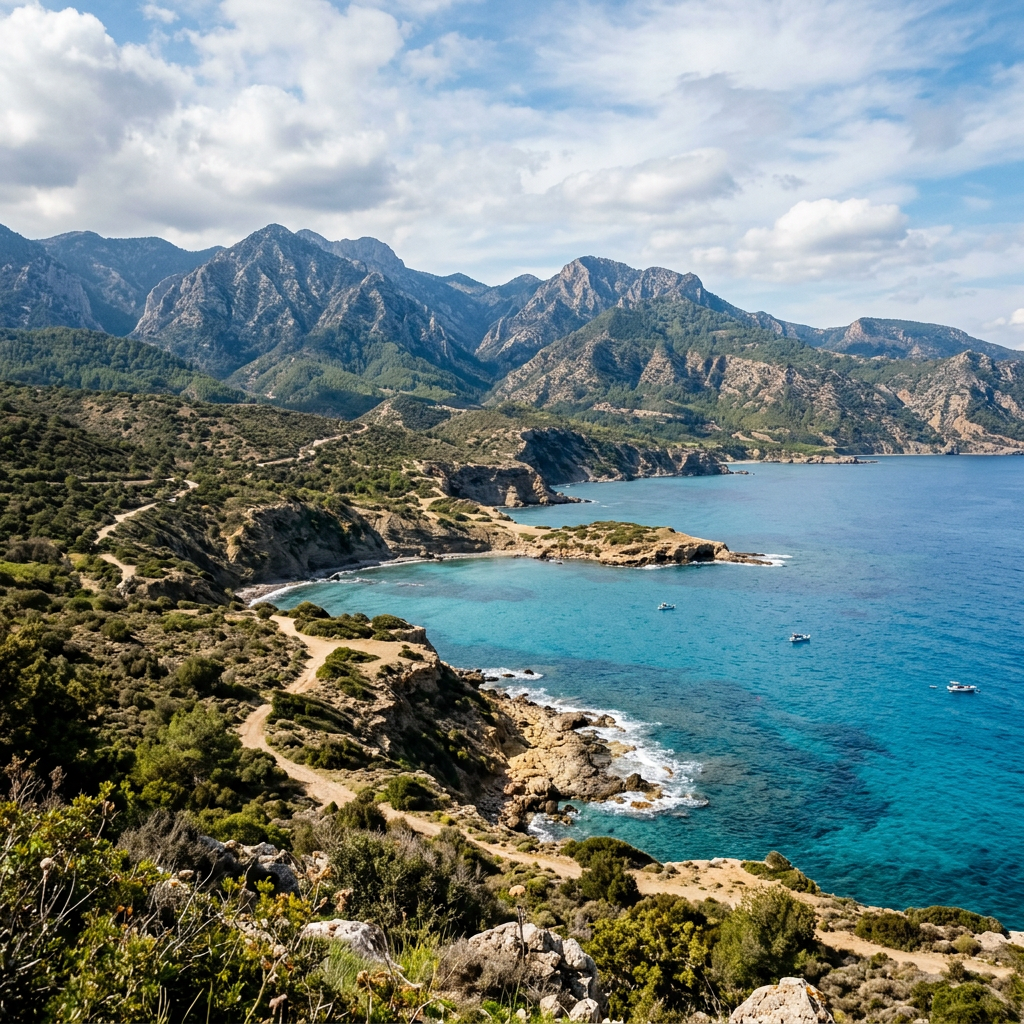 Coastal landscape with rocky cliffs, green vegetation, turquoise sea, and mountains under partly cloudy sky
